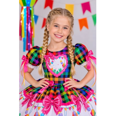 Vestido Infantil Junino Caipira Folia Balões Xadrez Colorido