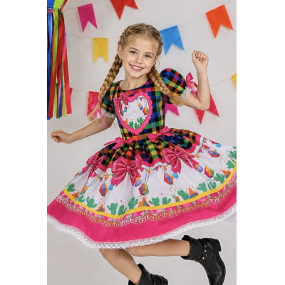 Vestido Infantil Junino Caipira Folia Balões Xadrez Colorido