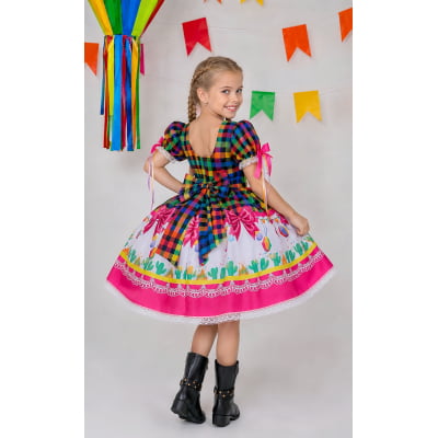Vestido Infantil Junino Caipira Folia Balões Xadrez Colorido