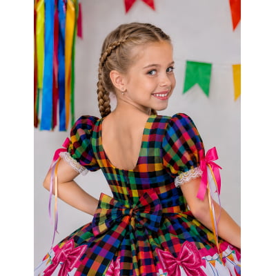 Vestido Infantil Junino Caipira Folia Balões Xadrez Colorido