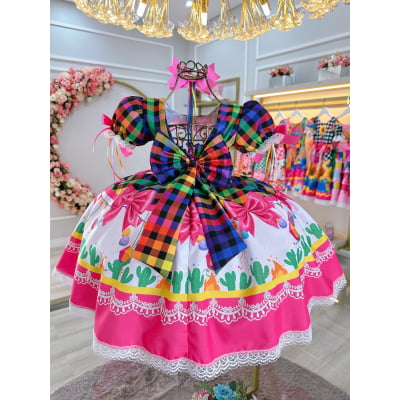 Vestido Infantil Junino Caipira Folia Balões Xadrez Colorido