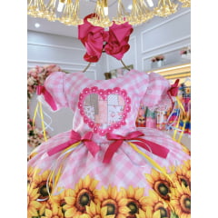 Vestido Infantil Junino Caipira Folia Girassol Xadrez Rosa