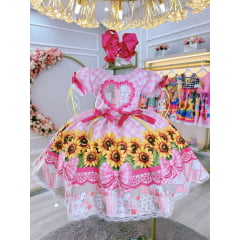 Vestido Infantil Junino Caipira Folia Girassol Xadrez Rosa