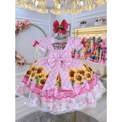 Vestido Infantil Junino Caipira Folia Girassol Xadrez Rosa