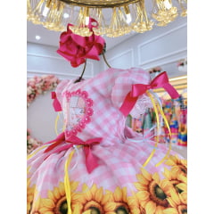 Vestido Infantil Junino Caipira Folia Girassol Xadrez Rosa