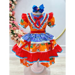 Vestido Infantil Junino Caipira Laranja Colorido Estampado
