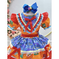 Vestido Infantil Junino Caipira Laranja Colorido Estampado