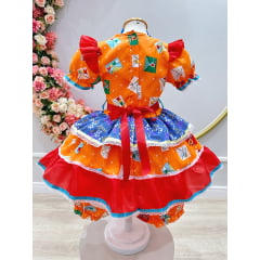 Vestido Infantil Junino Caipira Laranja Colorido Estampado