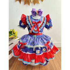 Vestido Infantil Junino Caipira Lilás Azul Colorido Estampado