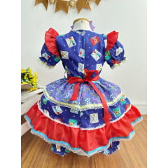 Vestido Infantil Junino Caipira Lilás Azul Colorido Estampado