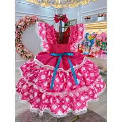 Vestido Infantil Junino Caipira Pink C/ Desenho Corações