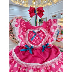 Vestido Infantil Junino Caipira Pink C/ Desenho Corações
