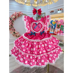 Vestido Infantil Junino Caipira Pink C/ Desenho Corações