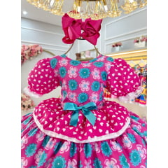 Vestido Infantil Junino Caipira Pink Colorido Corações Flores