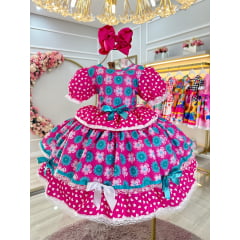 Vestido Infantil Junino Caipira Pink Colorido Corações Flores