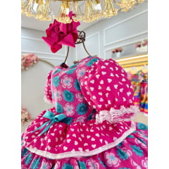 Vestido Infantil Junino Caipira Pink Colorido Corações Flores