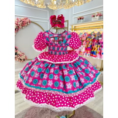 Vestido Infantil Junino Caipira Pink Colorido Corações Flores