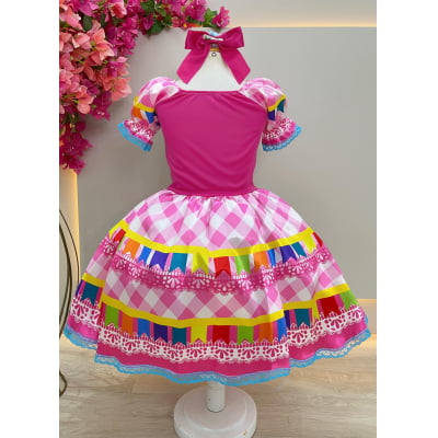 Vestido Infantil Junino Caipira Pink Saia Xadrex Colorido