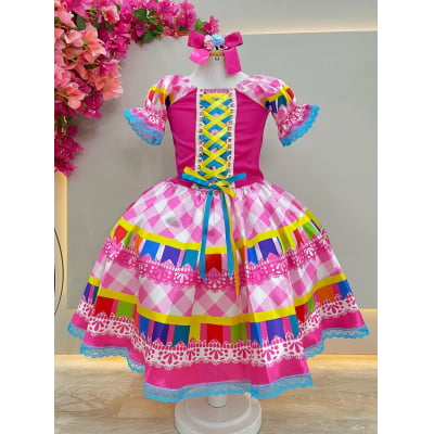 Vestido Infantil Junino Caipira Pink Saia Xadrex Colorido