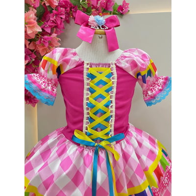 Vestido Infantil Junino Caipira Pink Saia Xadrex Colorido