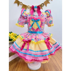 Vestido Infantil Junino Caipira Rosa Amarelo Colorido Estampado