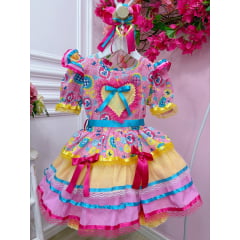 Vestido Infantil Junino Caipira Rosa Amarelo Colorido Estampado