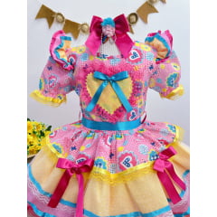 Vestido Infantil Junino Caipira Rosa Amarelo Colorido Estampado