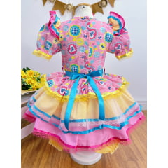 Vestido Infantil Junino Caipira Rosa Amarelo Colorido Estampado