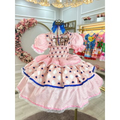 Vestido Infantil Junino Caipira Rosa Claro Colorido Corações