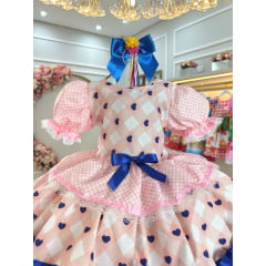 Vestido Infantil Junino Caipira Rosa Claro Colorido Corações