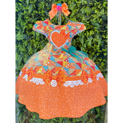Vestido Infantil Junino Caipira São João Colorido Laranja