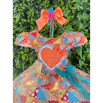 Vestido Infantil Junino Caipira São João Colorido Laranja