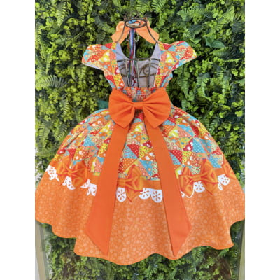 Vestido Infantil Junino Caipira São João Colorido Laranja