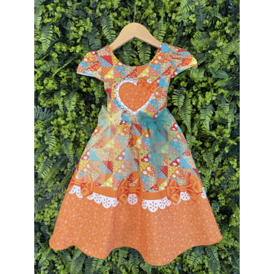 Vestido Infantil Junino Caipira São João Colorido Laranja