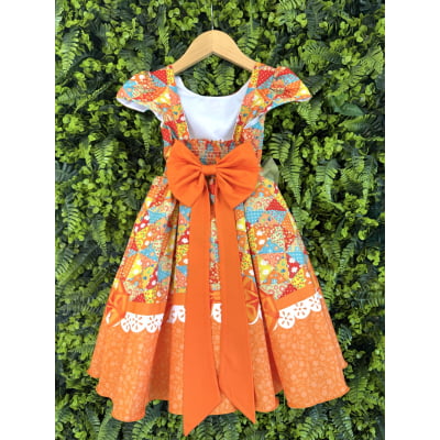 Vestido Infantil Junino Caipira São João Colorido Laranja