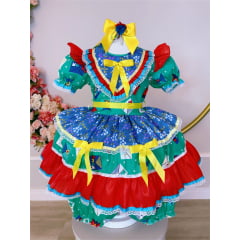 Vestido Infantil Junino Caipira Verde Colorido Estampado