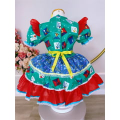 Vestido Infantil Junino Caipira Verde Colorido Estampado