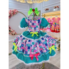 Vestido Infantil Junino Caipira Verde Com Estampas Colorida
