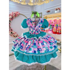 Vestido Infantil Junino Caipira Verde Com Estampas Colorida