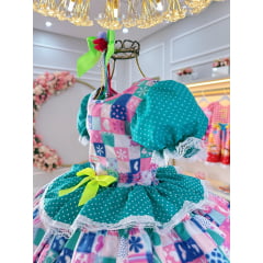 Vestido Infantil Junino Caipira Verde Com Estampas Colorida