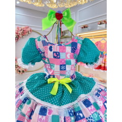Vestido Infantil Junino Caipira Verde Com Estampas Colorida