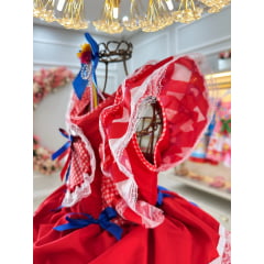 Vestido Infantil Junino Caipira Vermelho C/ Desenho Corações