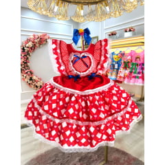 Vestido Infantil Junino Caipira Vermelho C/ Desenho Corações