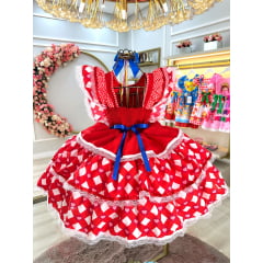 Vestido Infantil Junino Caipira Vermelho C/ Desenho Corações