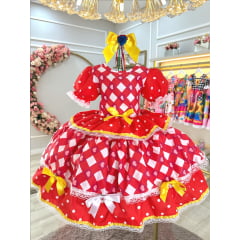 Vestido Infantil Junino Caipira Vermelho Estampas Corações