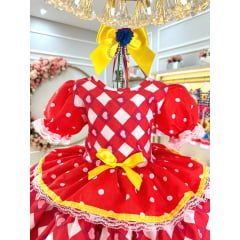 Vestido Infantil Junino Caipira Vermelho Estampas Corações