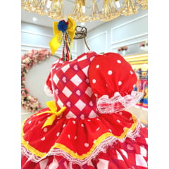 Vestido Infantil Junino Caipira Vermelho Estampas Corações