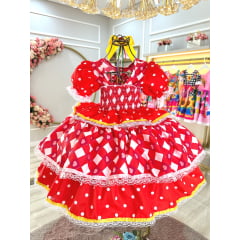 Vestido Infantil Junino Caipira Vermelho Estampas Corações