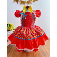 Vestido Infantil Junino Caipira Vermelho Flores Coloridas
