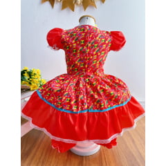 Vestido Infantil Junino Caipira Vermelho Flores Coloridas